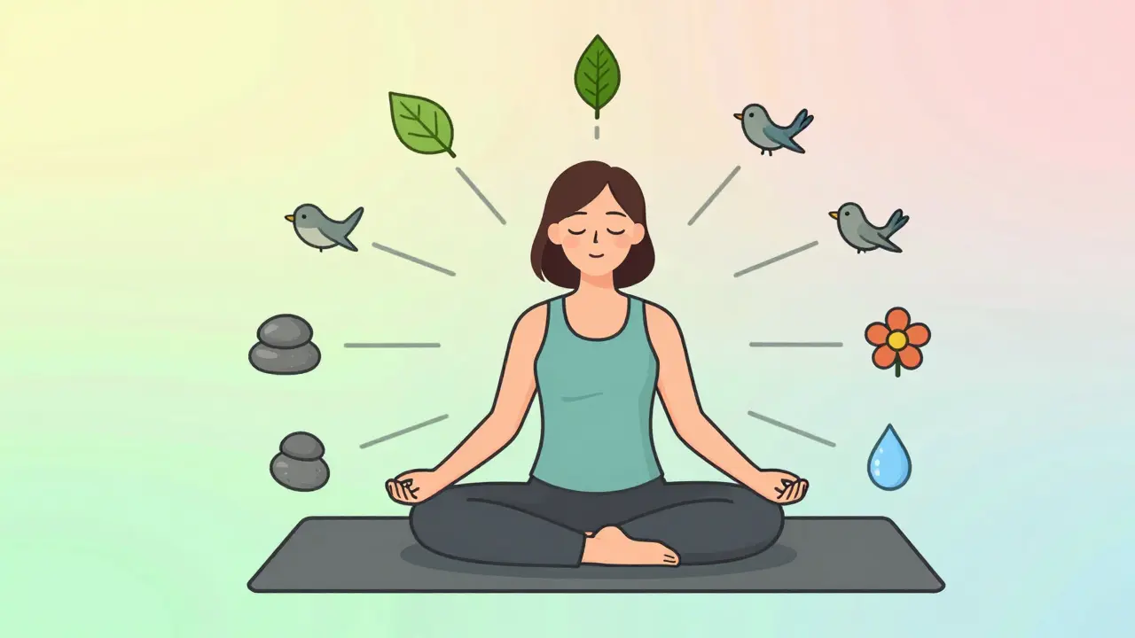 Person meditating with calming nature elements around them
