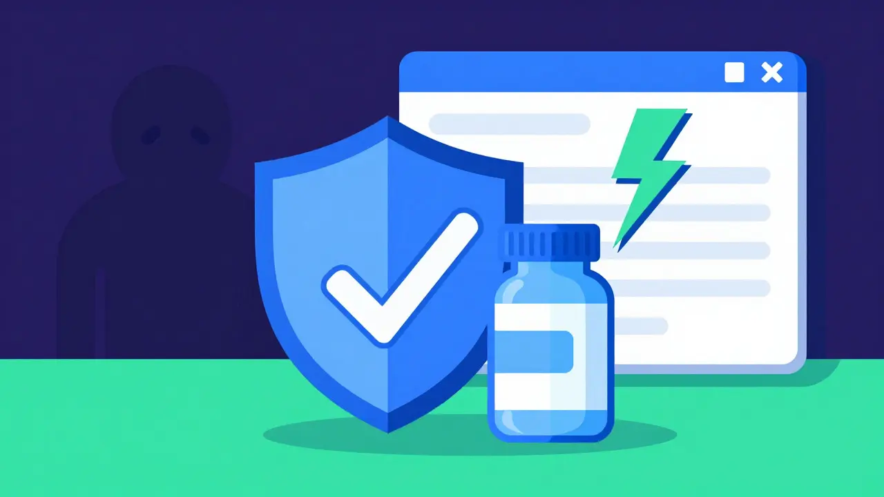 Shield protecting pills from fake online pharmacy scams