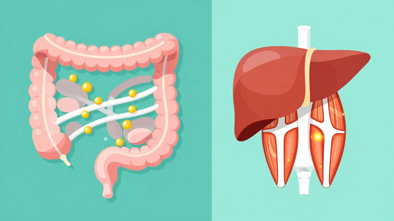 Split illustration showing gut blocking cholesterol and liver sparing muscles.