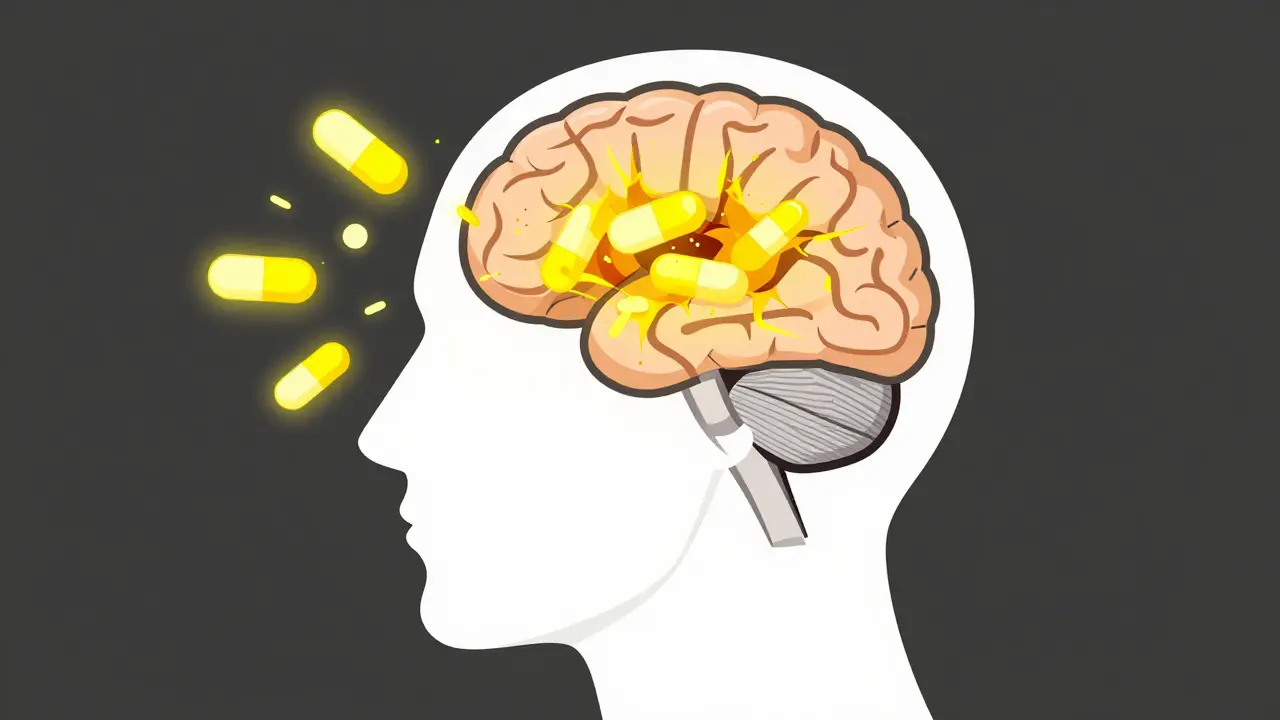 Stylized brain illustration showing drug disrupting neurotransmitters