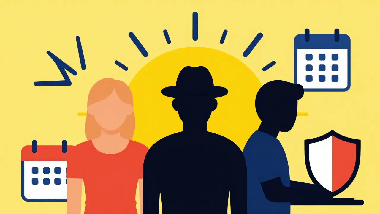 Stylized graphic showing skin cancer risk factors including sun exposure and age