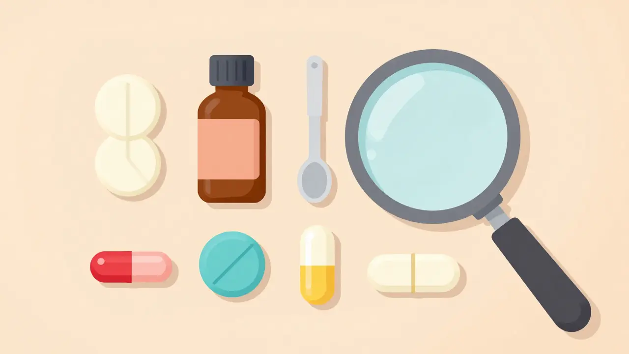 Cartoon display of different acetaminophen forms like pills and liquid