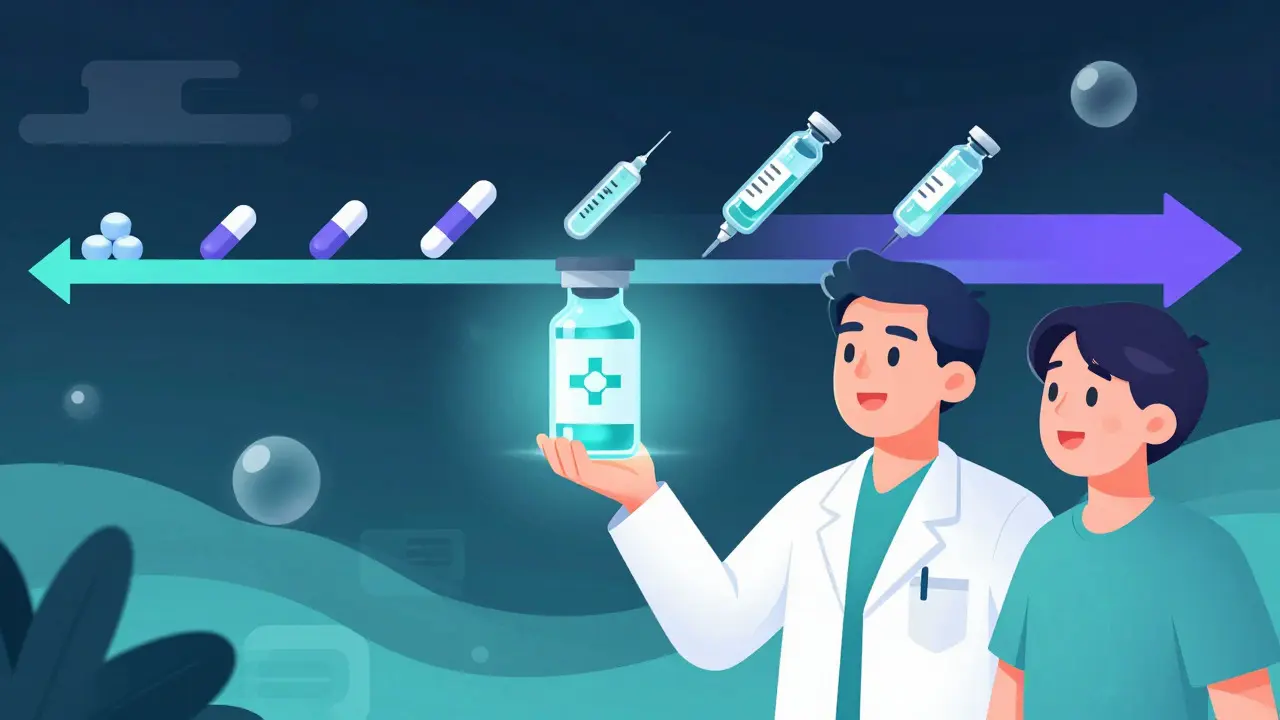 Cartoon showing a scientist presenting a new biosimilar therapy to a hopeful patient