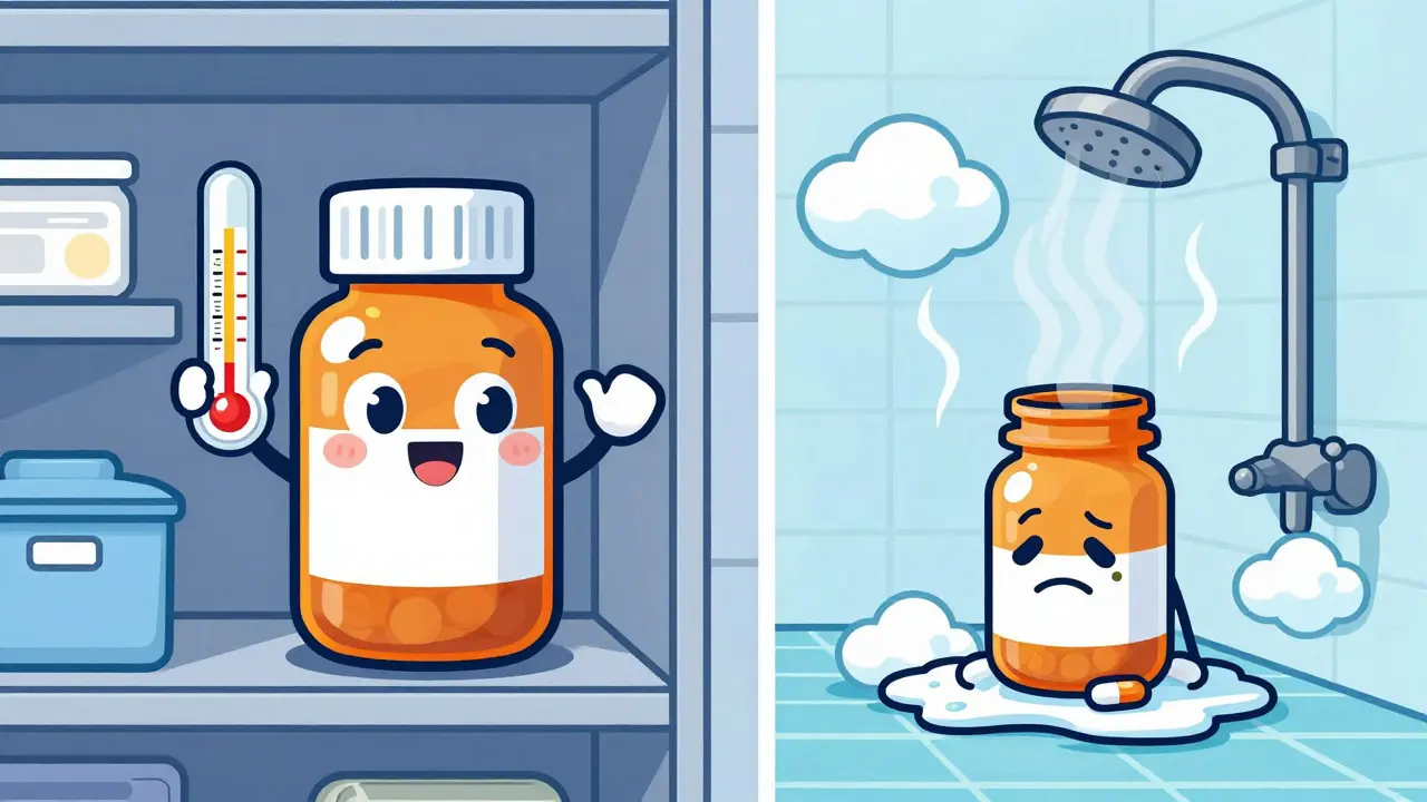 Cartoon showing proper vs improper medicine storage spots