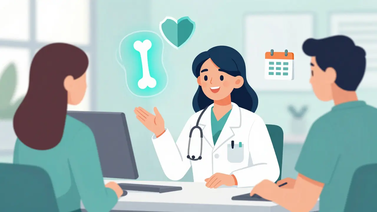 Doctor consulting with a patient about hormone therapy benefits and monitoring schedule