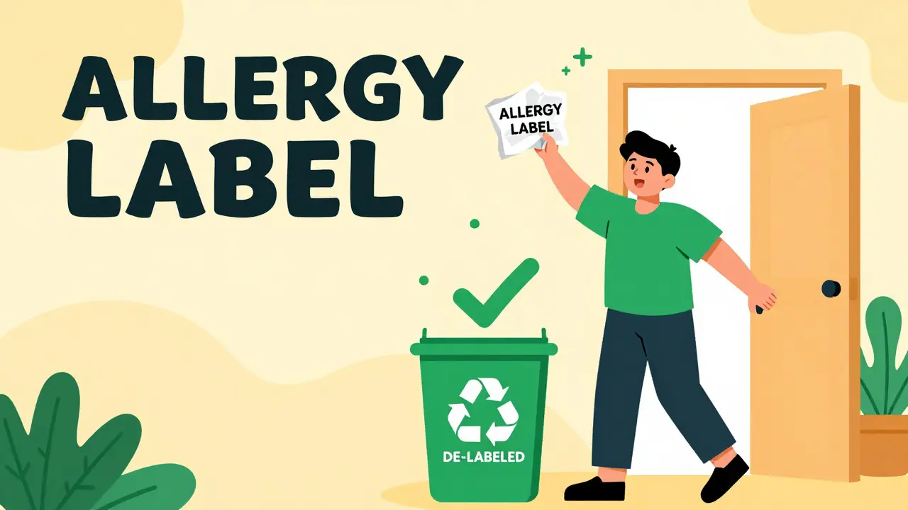Happy patient discarding old allergy label into bin