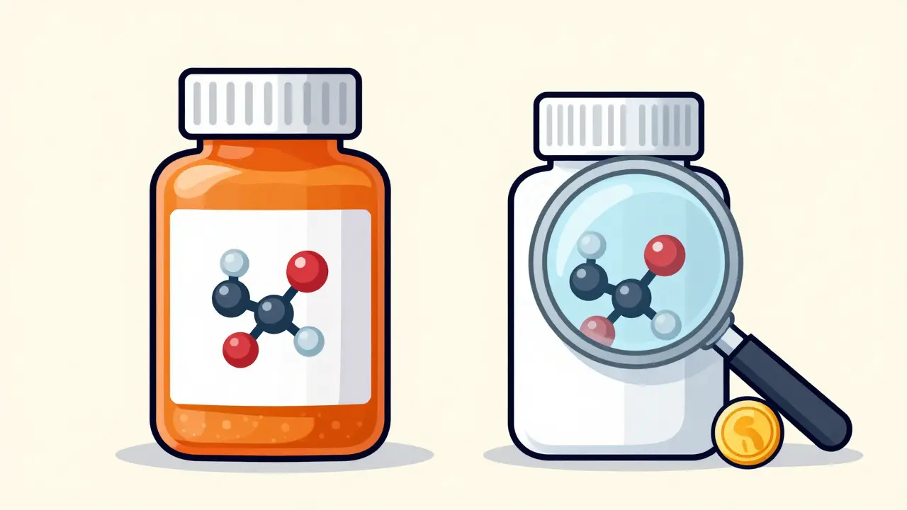 Illustration comparing expensive brand drug vs cheap generic equivalent