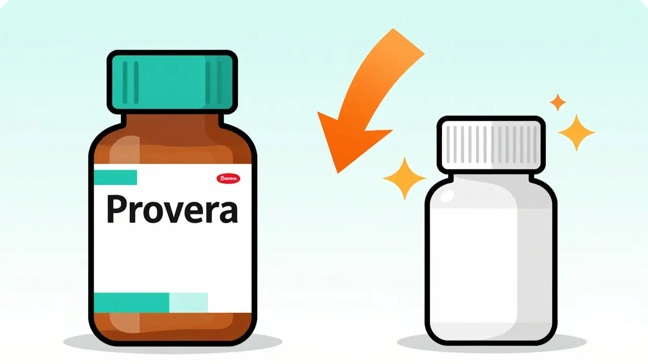 Illustration comparing expensive brand vs cheap generic medicine bottles
