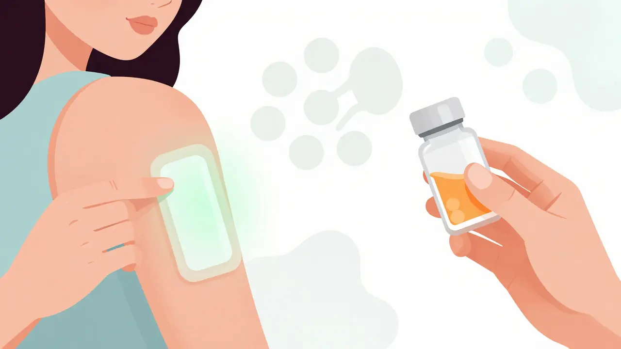 Illustration comparing transdermal patch application and oral pills for hormone therapy