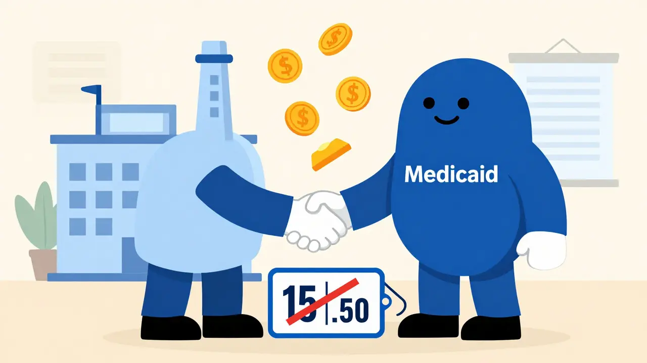 Illustration of Medicaid receiving rebates from a pharma company to lower drug costs