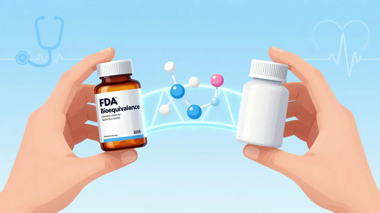 Illustration showing the equivalence of brand-name and generic drug bottles