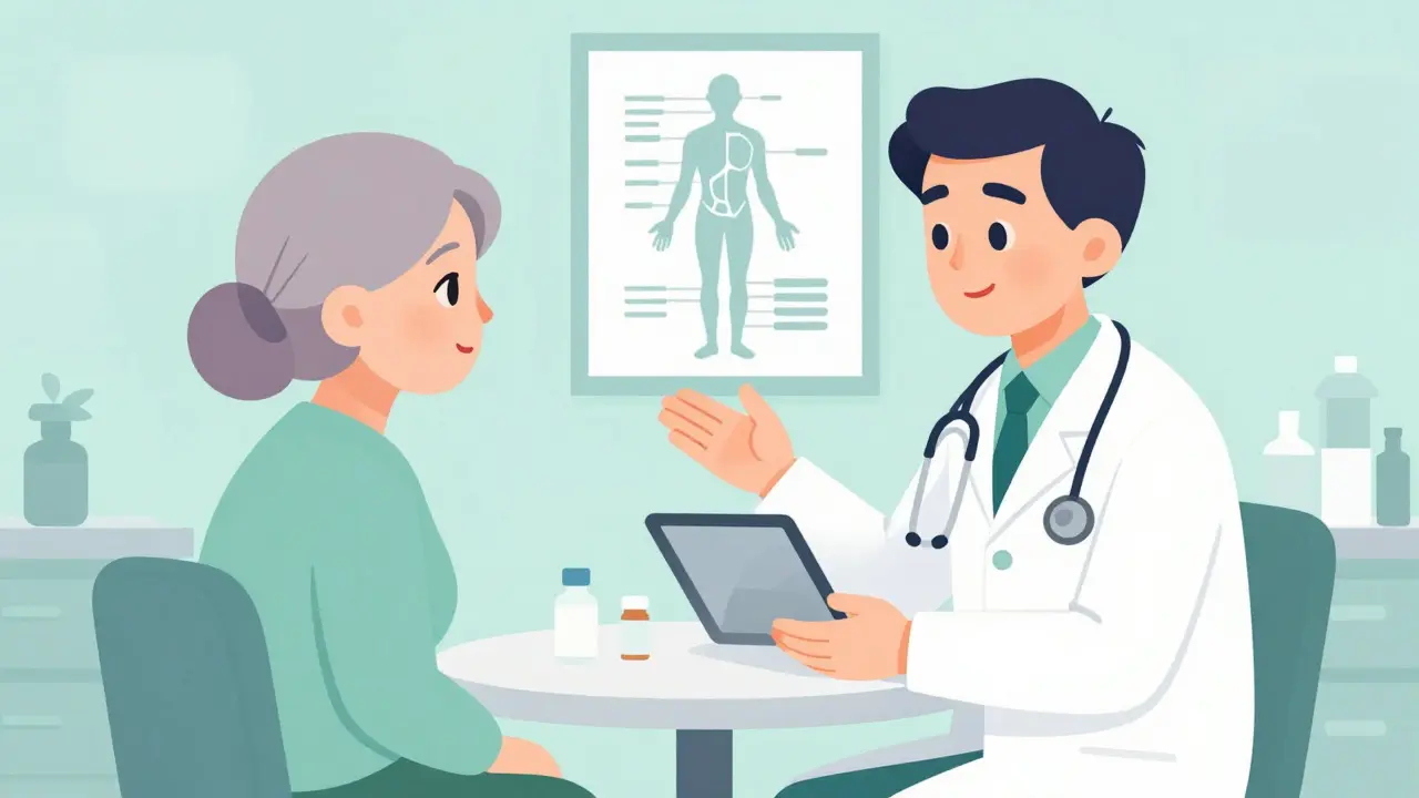 Pharmacist consulting with an older woman in a clinic room