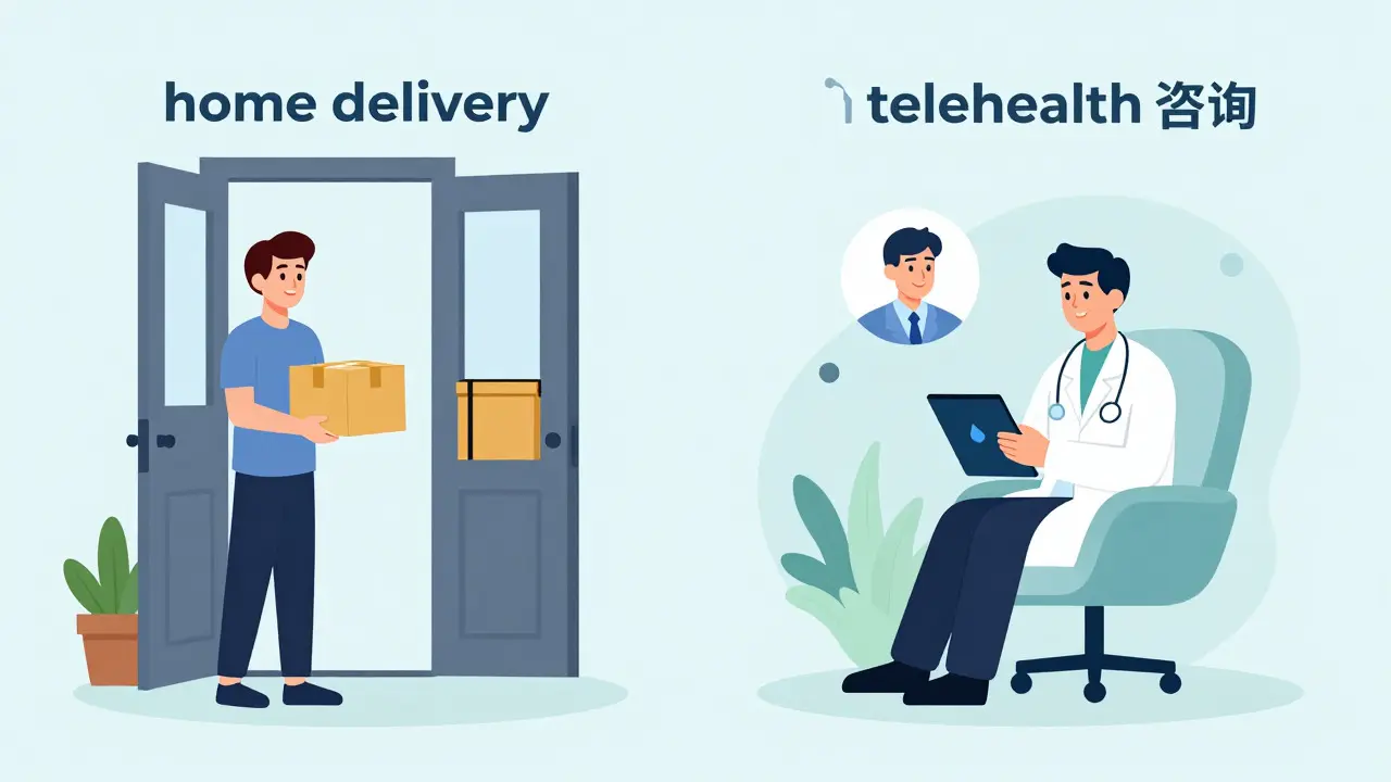 Split scene showing home delivery and telehealth consultation options