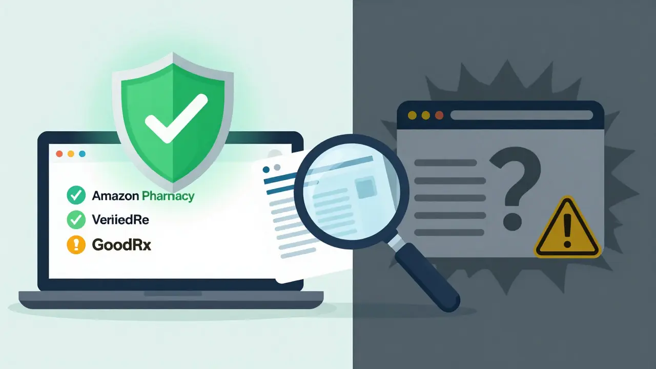 Visual metaphor for safe online pharmacy shopping vs risky sites