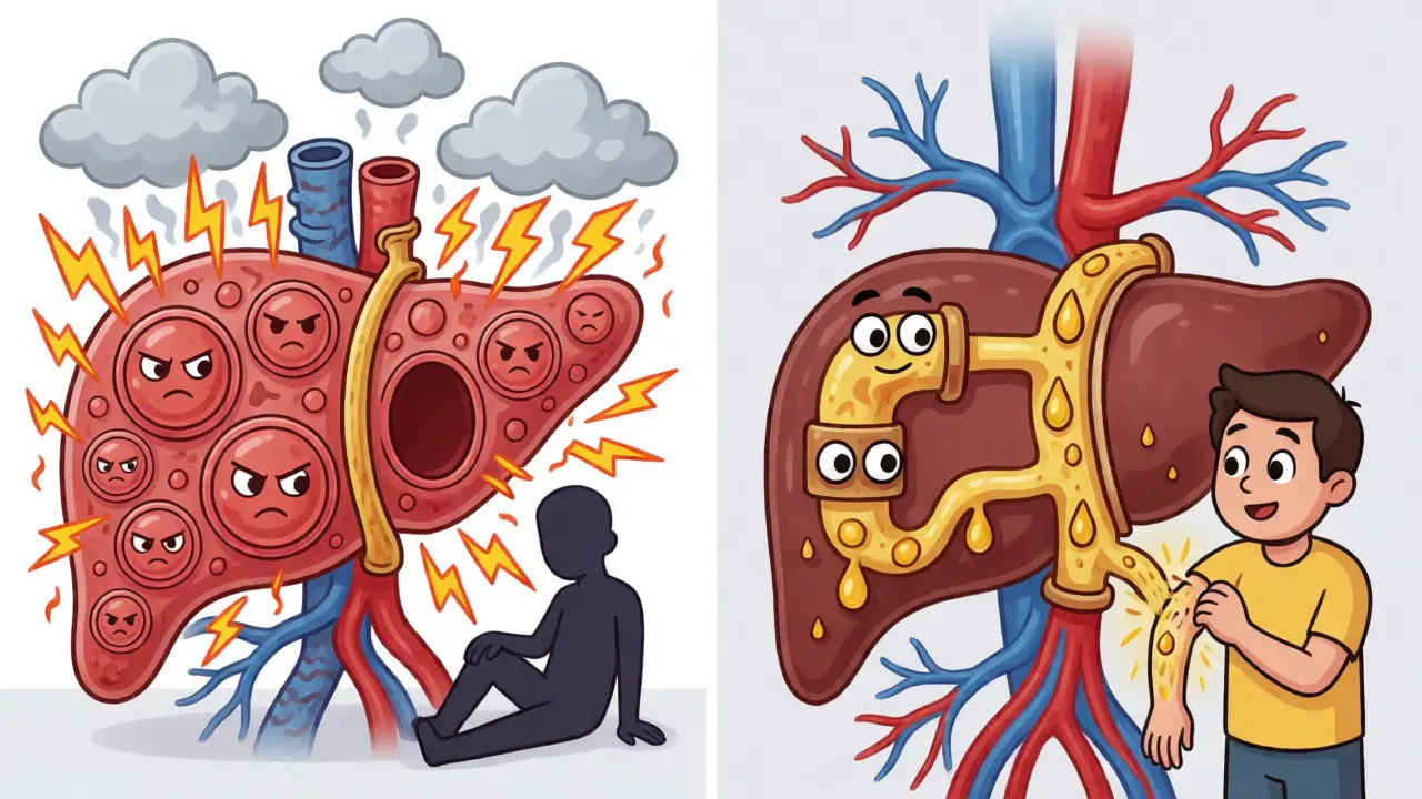 Comparison of hepatitis inflammation and cholestasis bile blockage in the liver