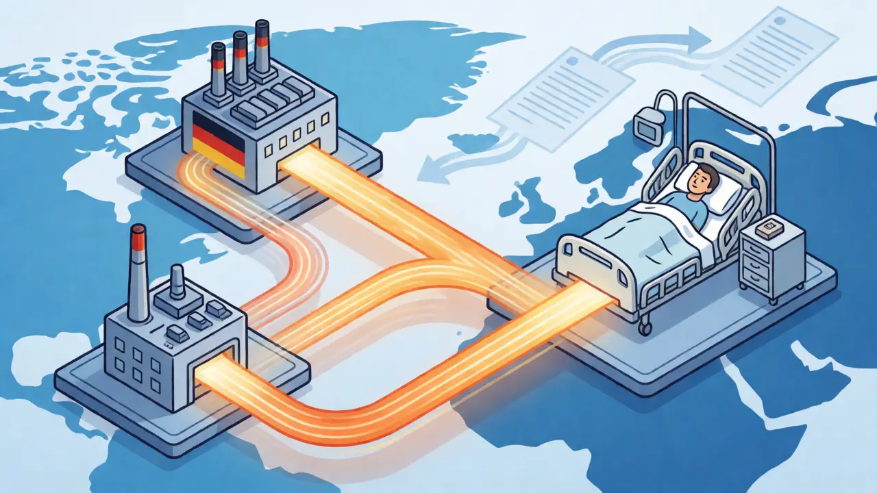 Global supply chain diagram linking factories to patients via unified quality standards.