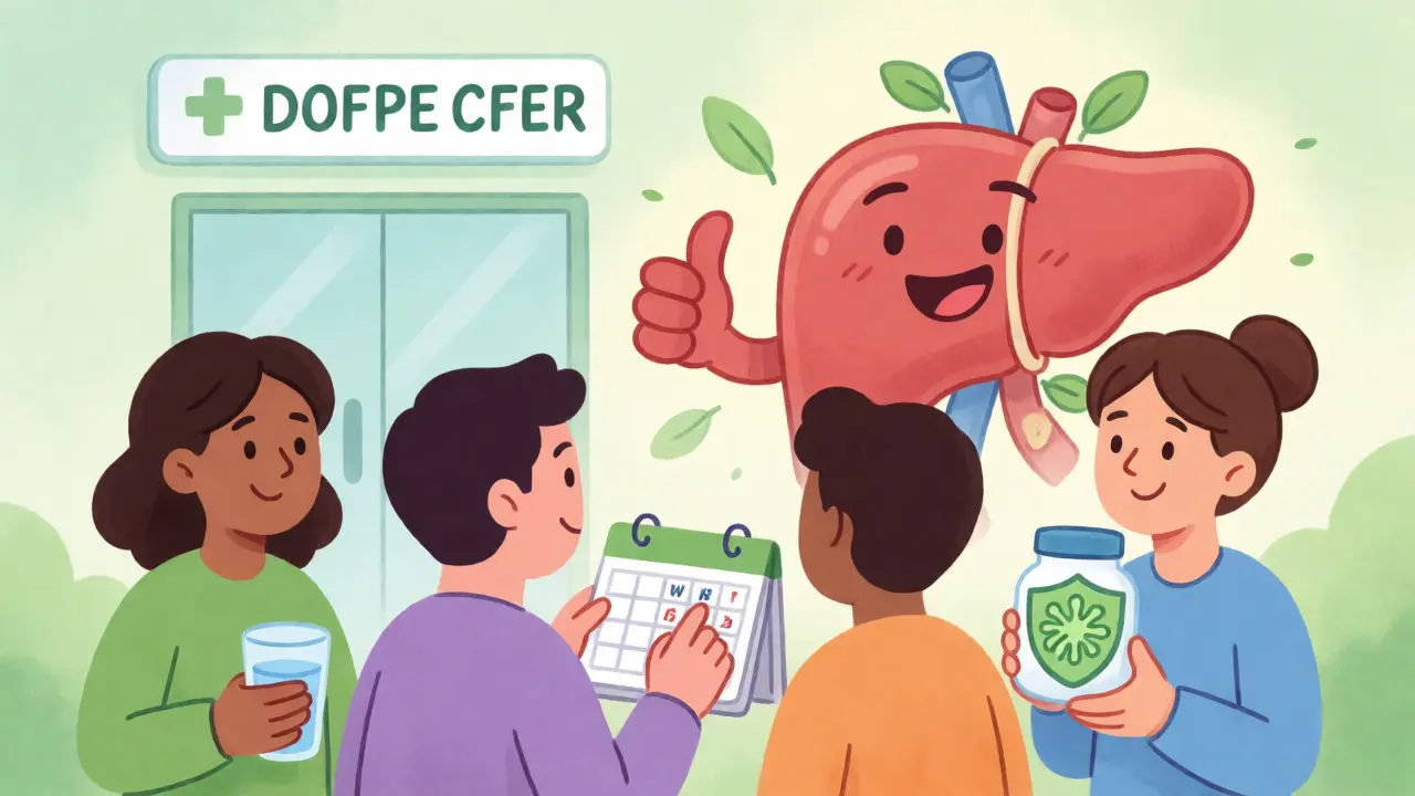 People recovering from liver injury with healthy liver illustration