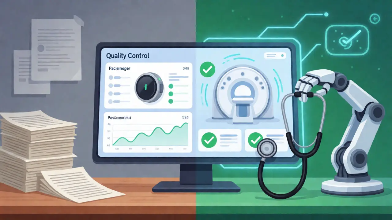 Split scene contrasting old paper-based checks with new AI-driven medical device monitoring.